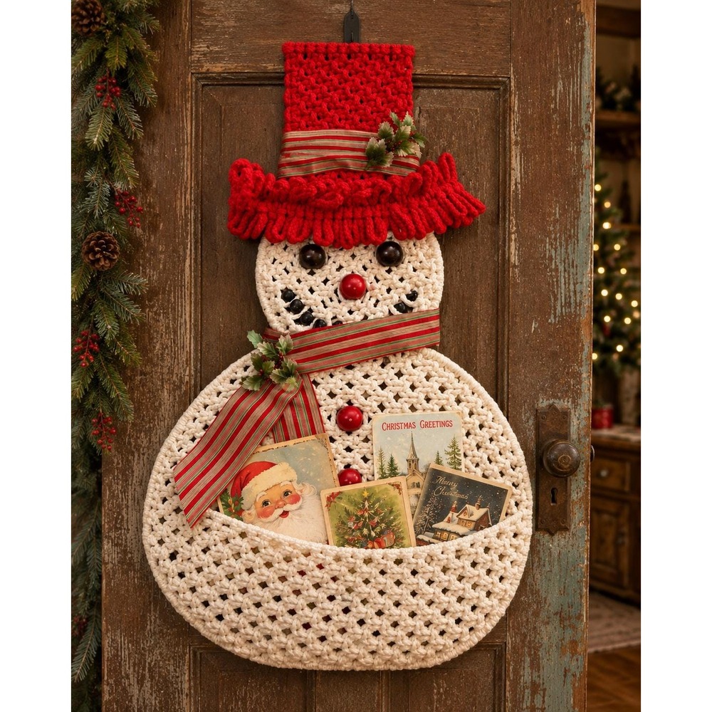 Vintage Crochet Snowman Christmas Card Holder Handmade Holiday Wall Decor 35 In